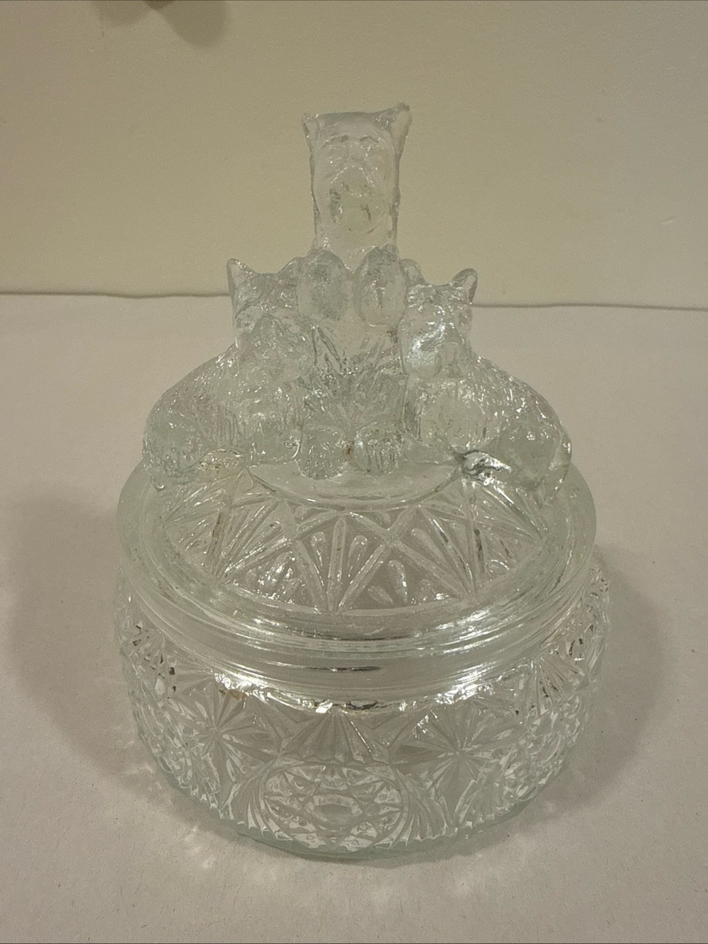 Vintage 1930s L.E. Smith 2 Pc Clear Glass Powder Jar & Lid W/ Scottish Terriers